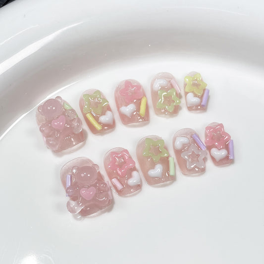 Sweet and cute bear handmade manicure patch ice through short handmade press-on nails wholesale wearable nail sticker｜365nails