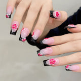 Pink Floral Medium Nails with Black Tips