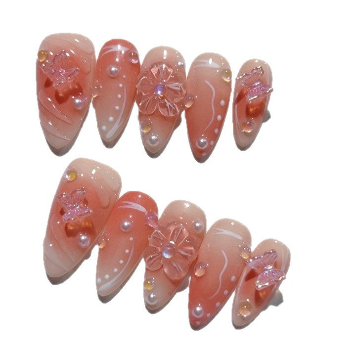 Blush Butterfly: "Peach Blossom Grace" – Almond Press-On Nails