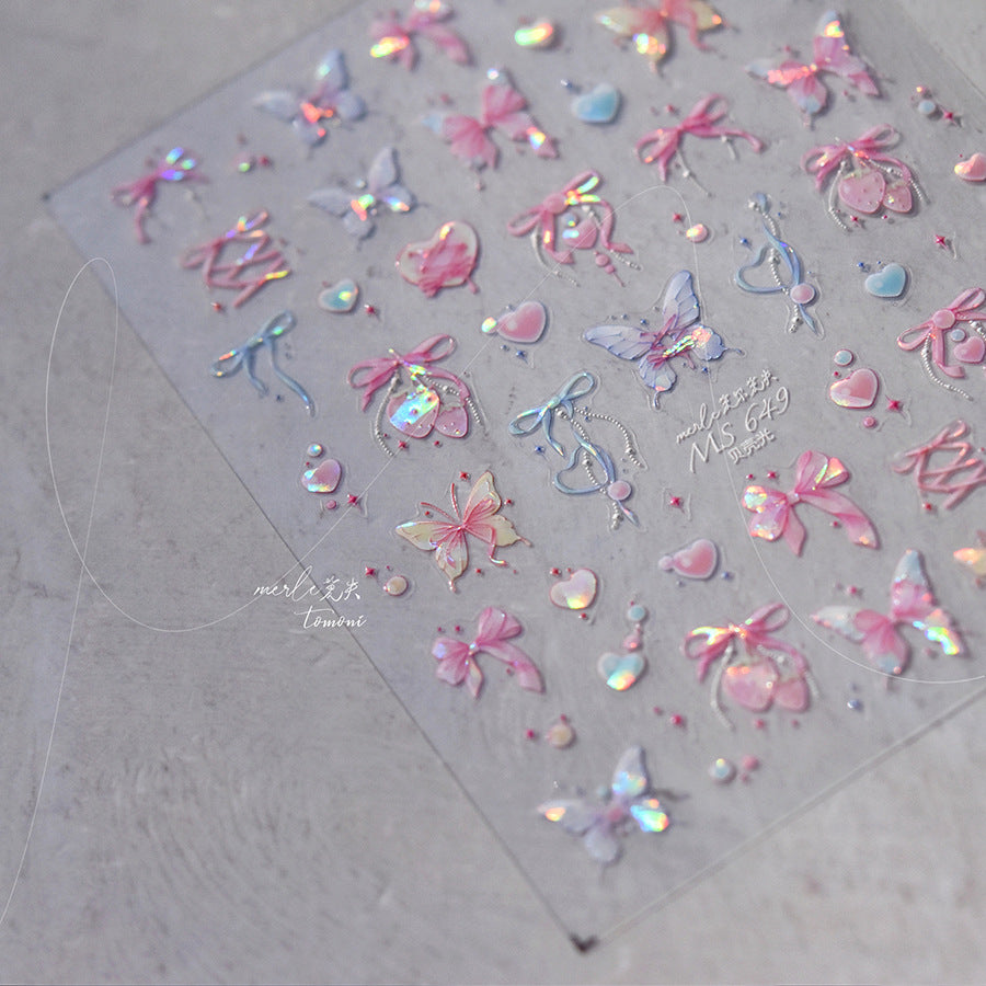 Iridescent Butterfly Bow Collection: "Pastel Dream" – 3D Holographic Nail Sticker