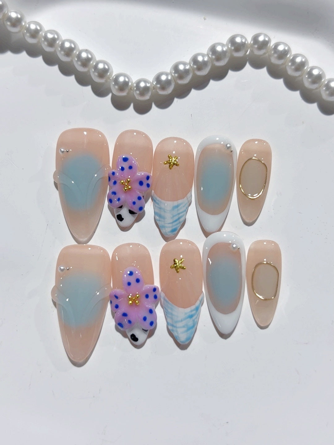 365nails-Beach Breeze：「海洋花卉」— 杏仁形 手工製 3D 雕刻 穿戴甲