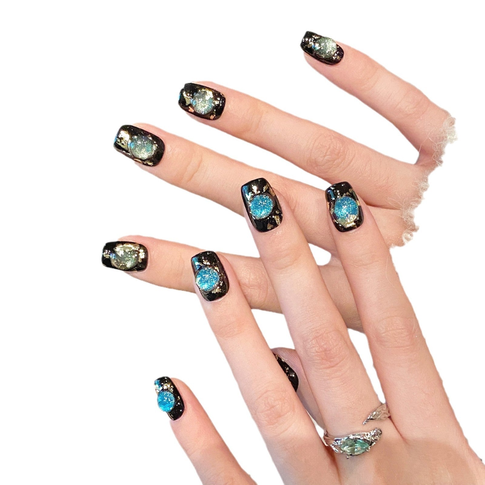 365nails: "흑요석 코스모스" – 3D 캣아이 & 메탈릭 플레이크 수제 숏 스퀘어형 네일
