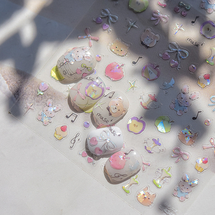 Embossed Animal Nail Stickers – Holographic Bunny & Teddy Bear Set
