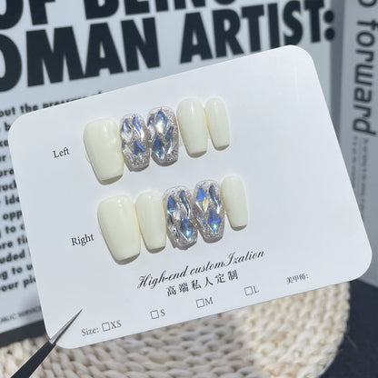 Pure handmade worn nail coconut milk color simple and versatile moonlight bright diamond short nail patch wearable nail sticker｜365nails
