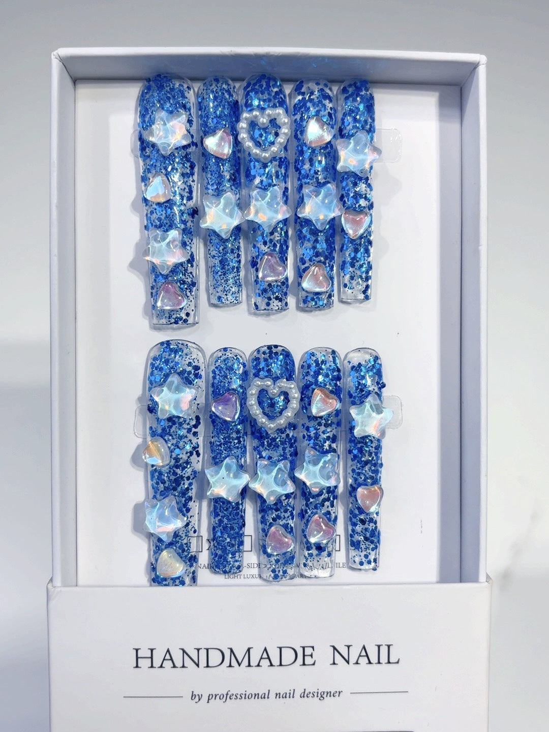 Ocean Blue Crystal Star Heart Glitter Press On Nails