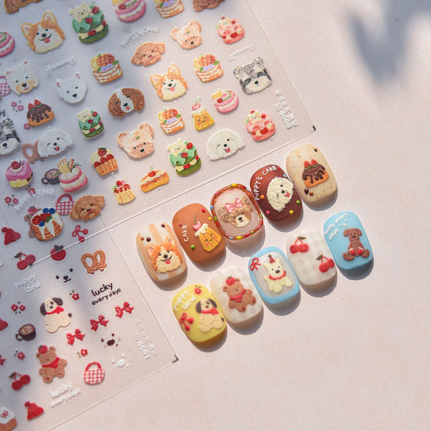 Puppy Café Collection: "Cute Puppy & Dessert" – 3D Embossed Nail Sticker