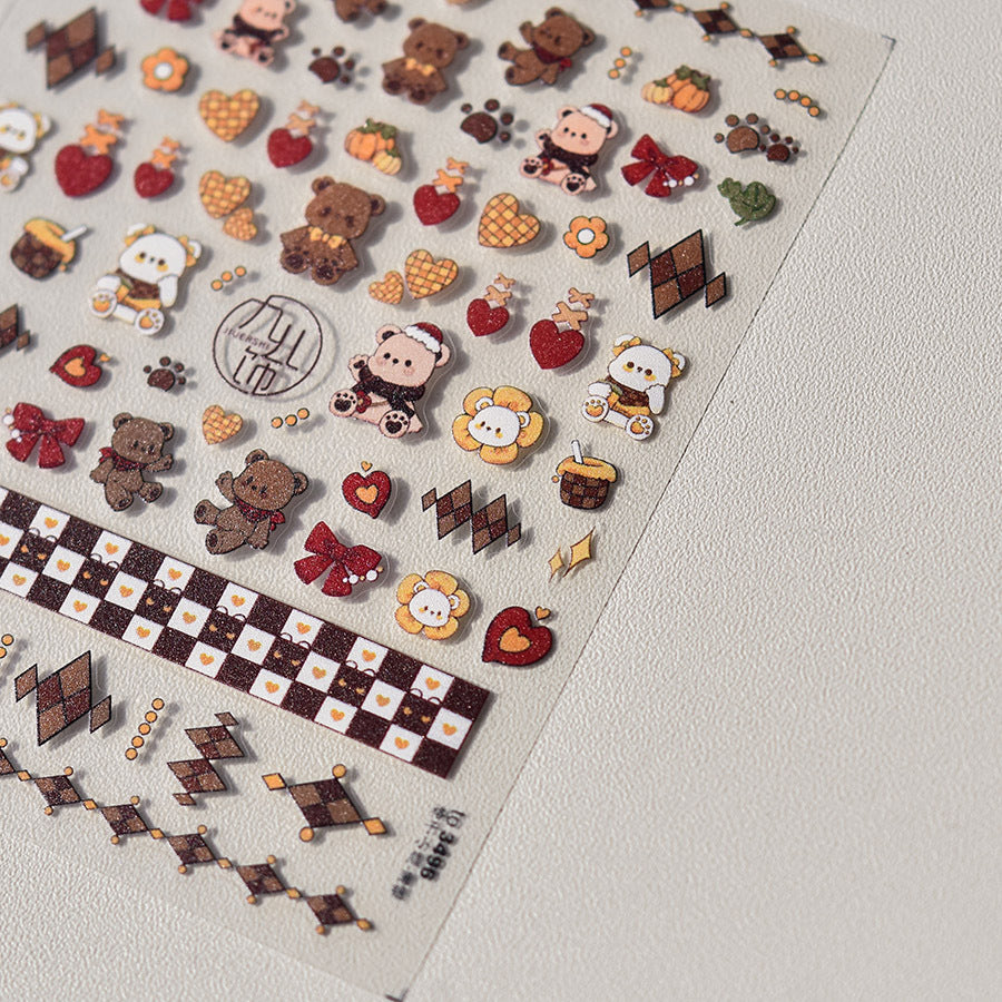 Chocolate Teddy Bear Nail Stickers – 5D Embossed Sweet Checkerboard Set