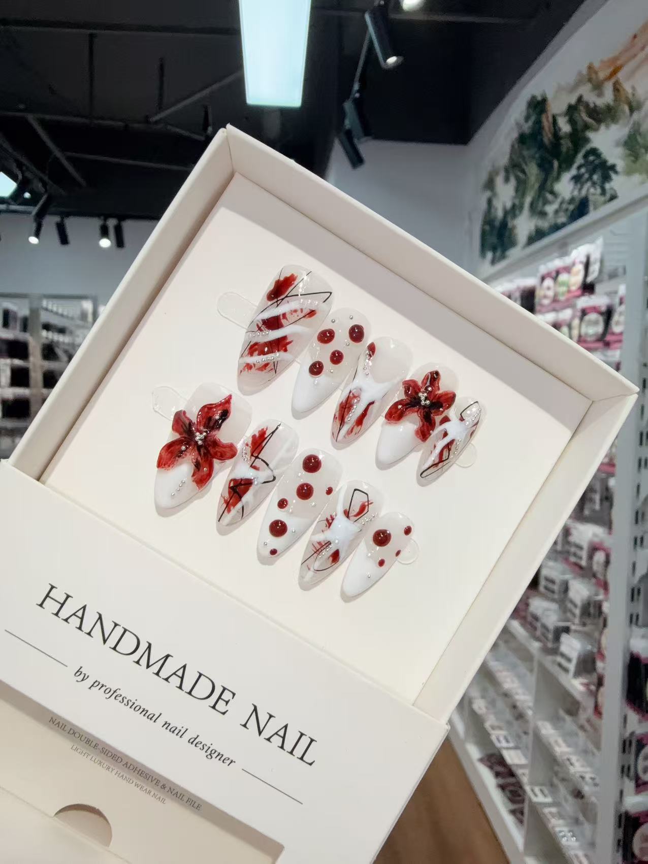 365nails: "Ruby Bloom" – 3D 입체 꽃 수제 스틸레토형 프레스온 네일