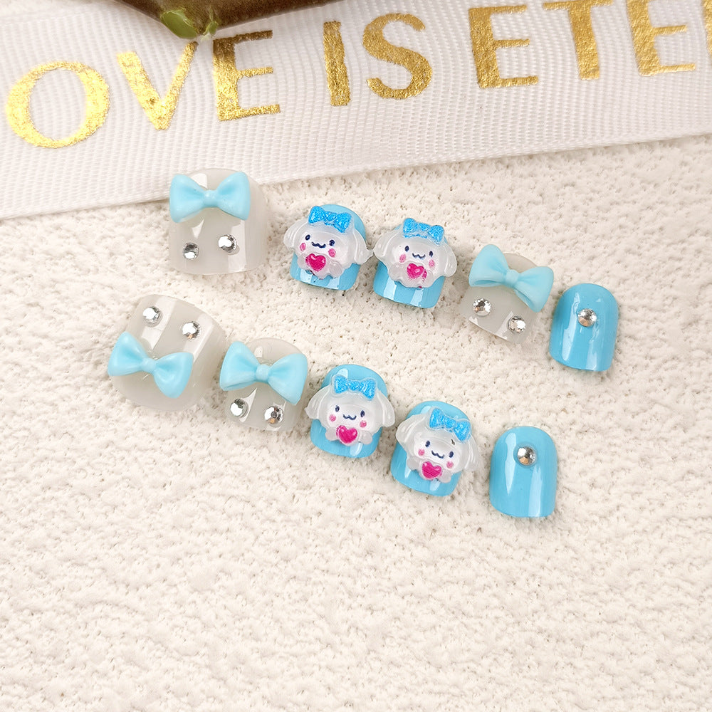 Children's cartoon short manicure 3D children's bow wearing armor 10 pieces three-dimensional diamond-set jade cinnamon dog nail pieces