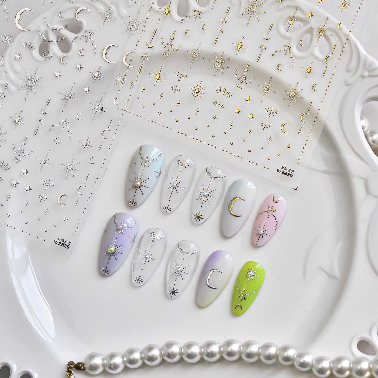 Gold & Silver Celestial Nail Stickers – 3D Embossed Star & Moon Set