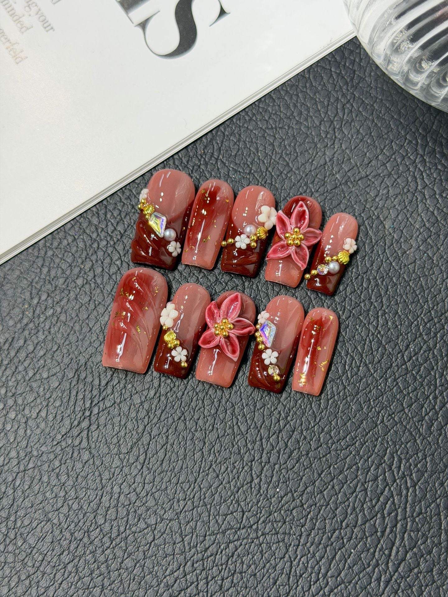 365nails: "Crimson Bloom" – 3D Floral & Glaze Handmade Press on Nails Almond Nails