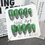 Uñas postizas hechas a mano, de jadeíta, ojo de gato, forma irregular de metal, con efecto almendra, producto terminado, venta al por mayor | 365nails