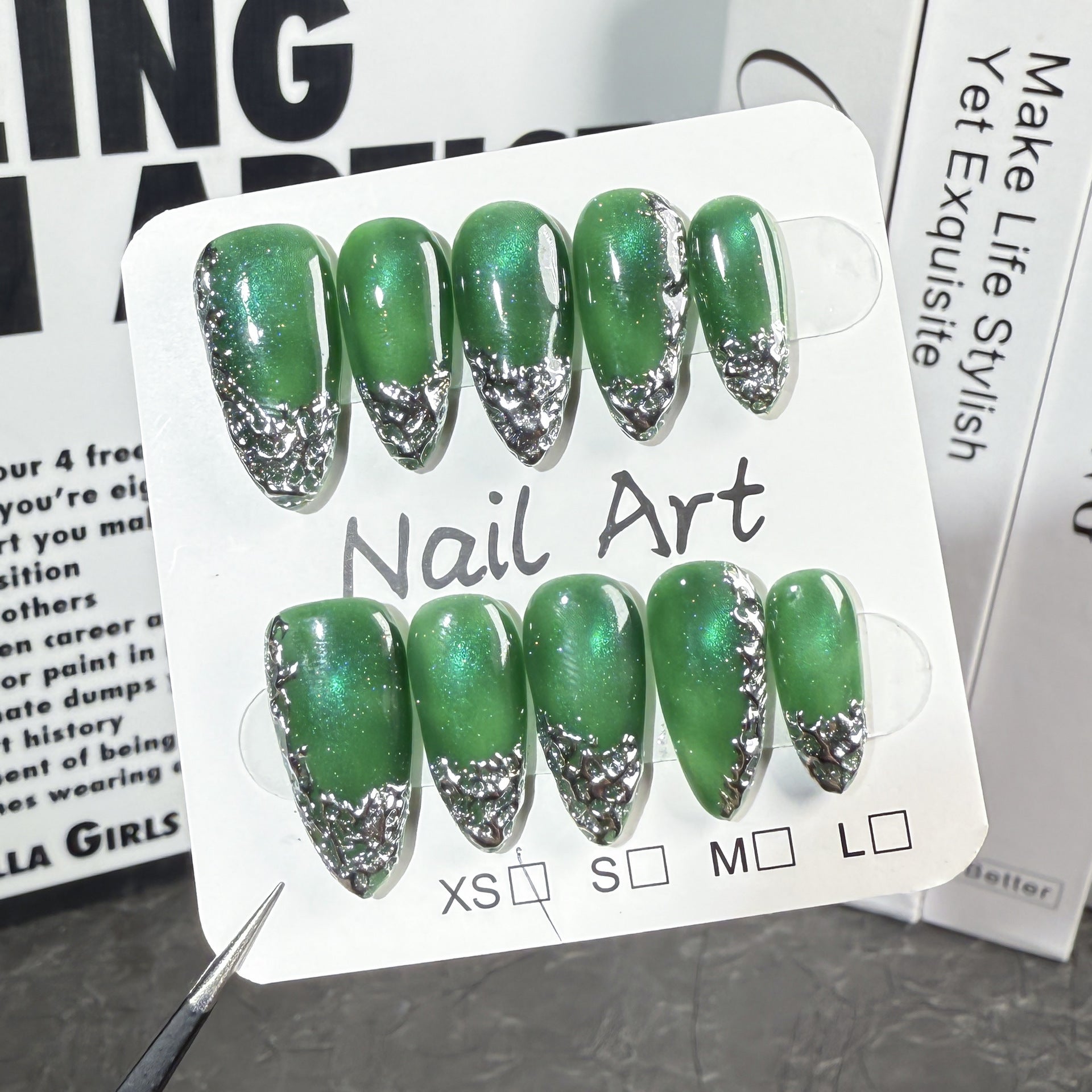 Uñas postizas hechas a mano, de jadeíta, ojo de gato, forma irregular de metal, con efecto almendra, producto terminado, venta al por mayor | 365nails