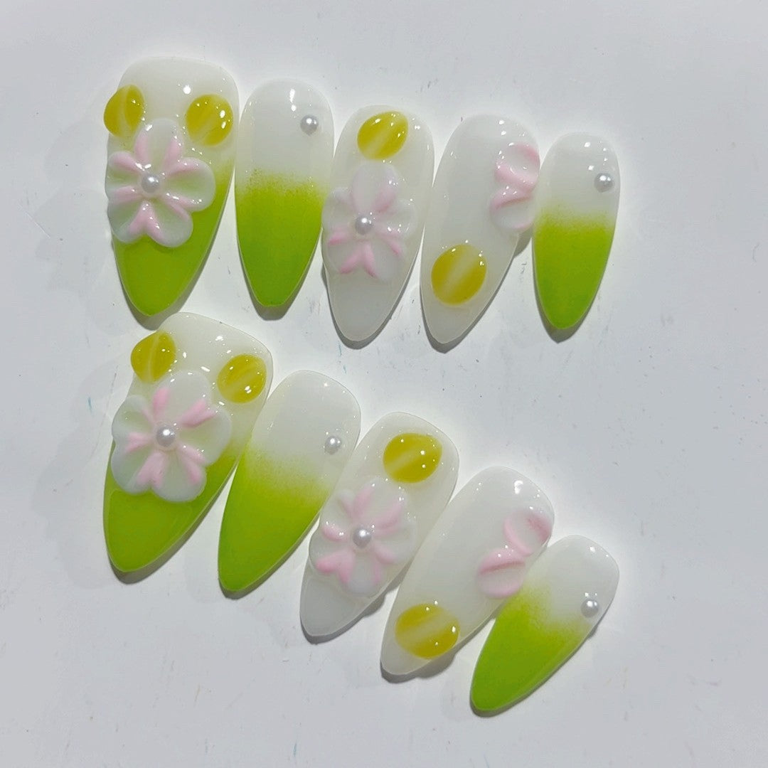 365nails-Spring Dew: "Lemon Daisy" – Almond Shape Handmade 3D Carved Press-On Nails