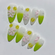 365nails-Spring Dew: "Lemon Daisy" – Almond Shape Handmade 3D Carved Press-On Nails