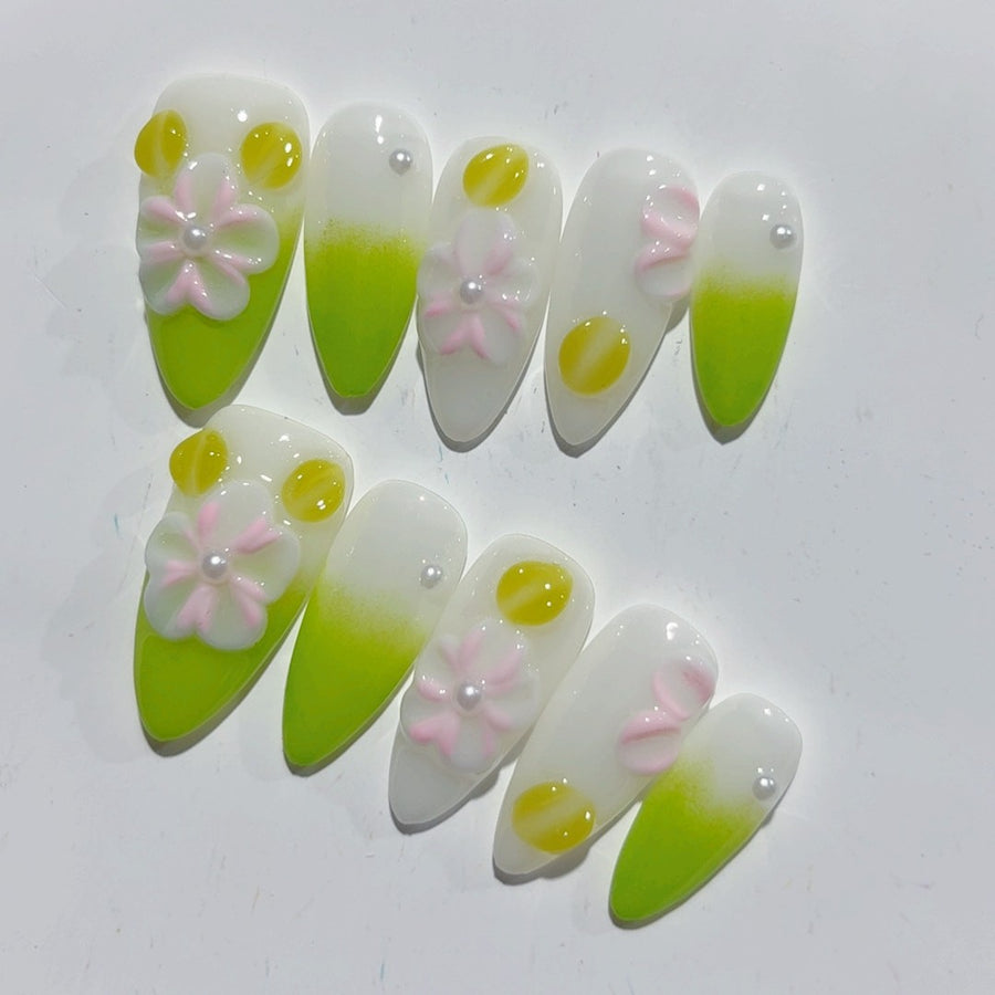 365nails-Spring Dew: "Lemon Daisy" – Almond Shape Handmade 3D Carved Press-On Nails