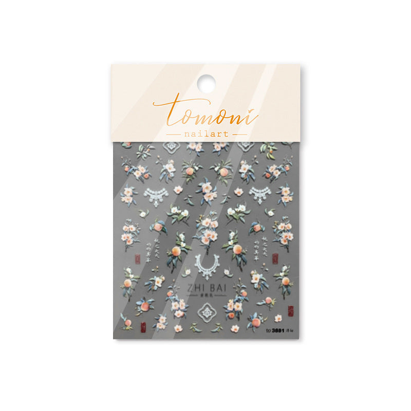 Adesivos de Unha Flor de Pessegueiro e Frutas – Conjunto Botânico Primavera 5D em Relevo