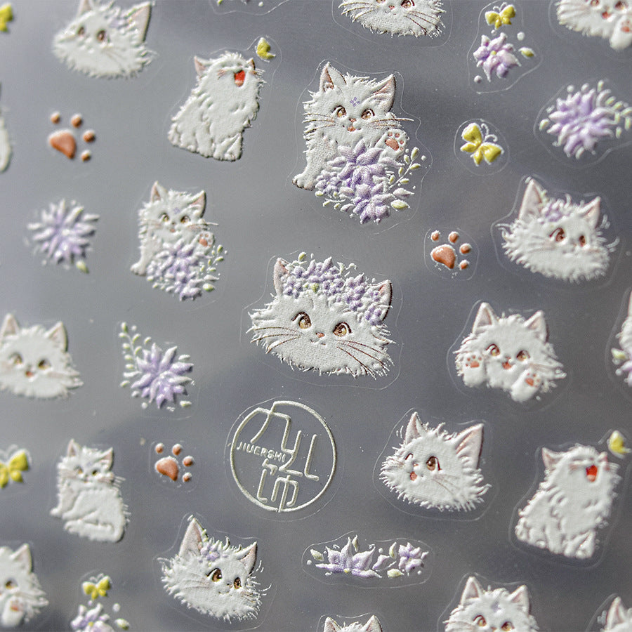 Fluffy White Cat & Floral – 5D Embossed Cute Nail Art Set