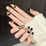 Black Gold Bamboo Crystal French Press On Nails