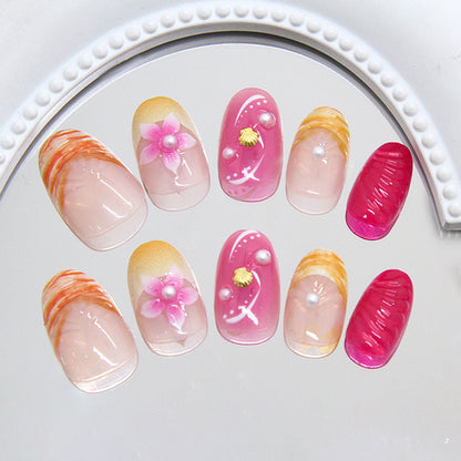 Three-dimensional shell pearl French flower sweet short almond nail   removable manicure 24 pieces｜365nails
