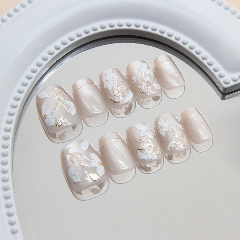 Nail Tips  prefabricated nail three-dimensional gilt leaves white flowers cat eye retro white press on nails 30 pieces｜365nails