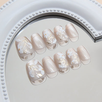 Nail Tips  prefabricated nail three-dimensional gilt leaves white flowers cat eye retro white press on nails 30 pieces｜365nails