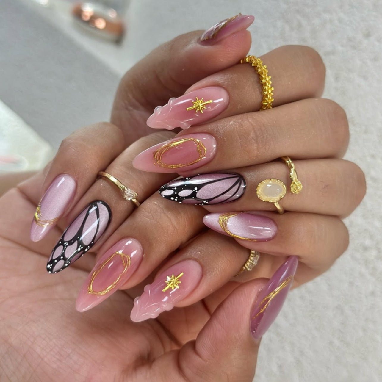 Glossy Nude Square Press On Nails with Silver Glitter Dots