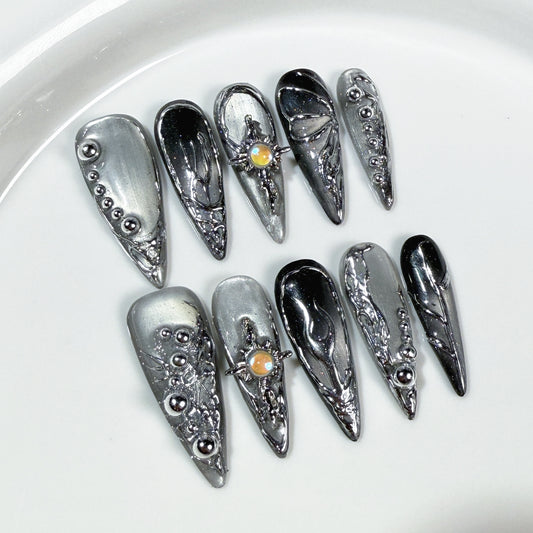 Sweet and cool babes, long-pointed nail art  metal three-dimensional magic mirror powder hand-painted press-on nails pure hand-made batch｜365nails
