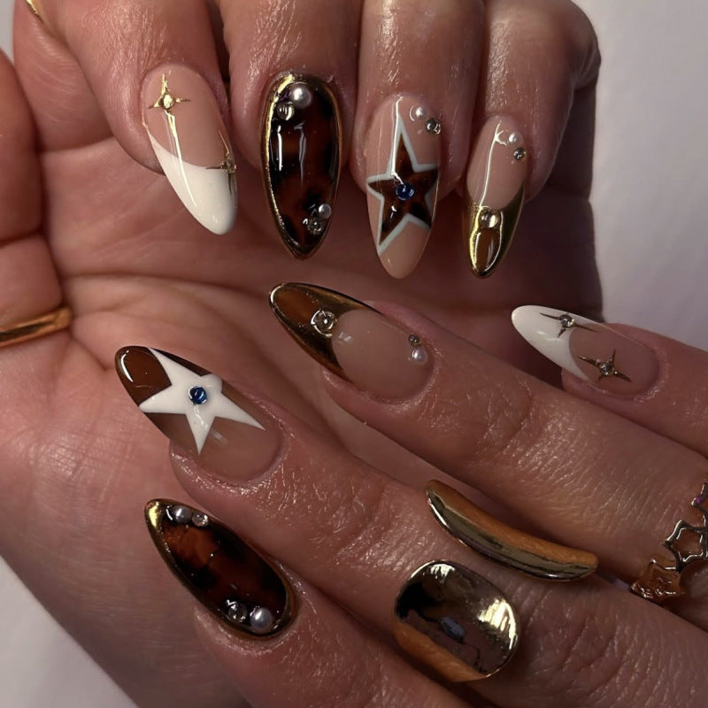 Star Tortoiseshell Gold Accents Medium Artistic Press On Nails