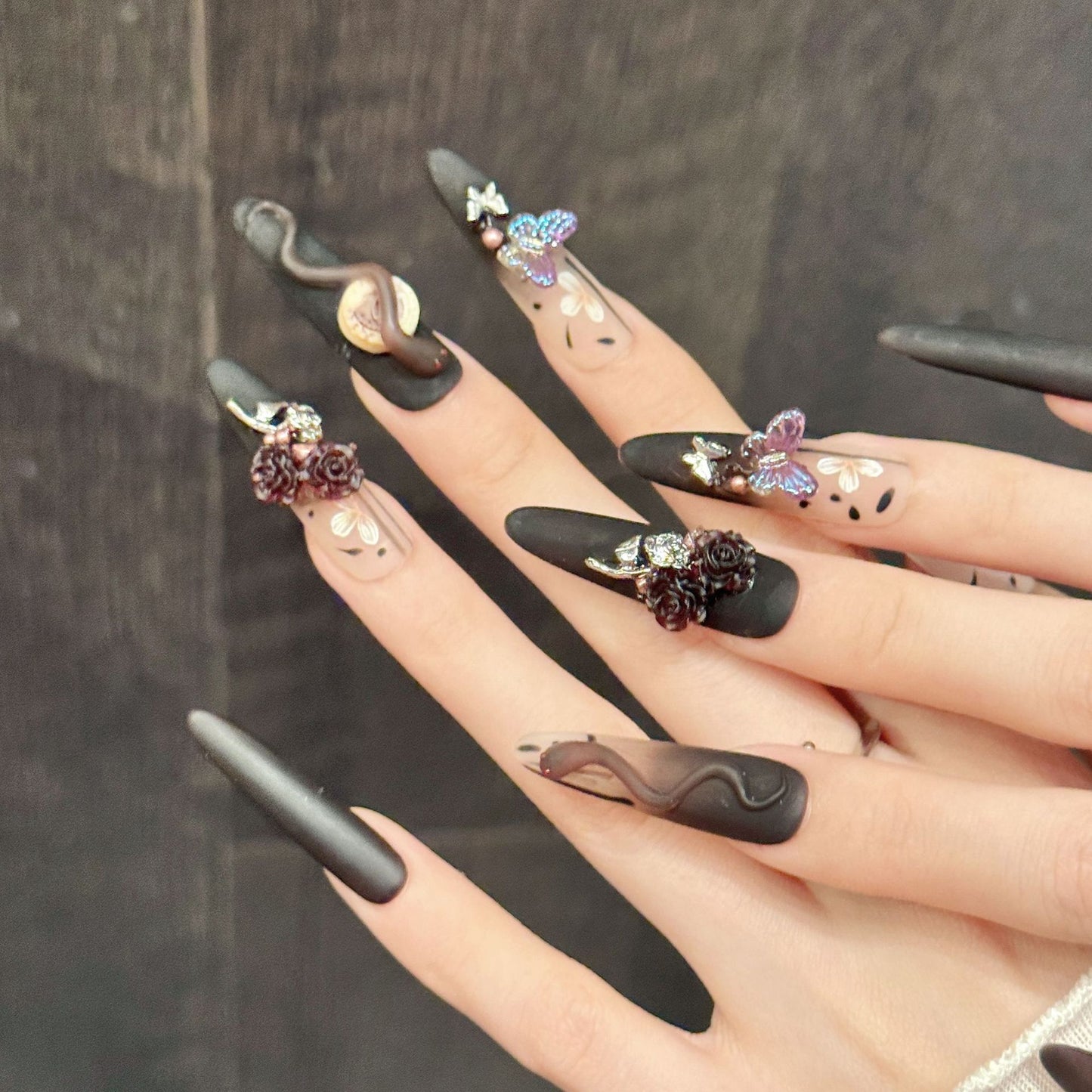 Gothic Rose Butterfly Matte Dark Fantasy Nails