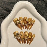 365nails: "Golden Dynasty" – 3D Floral & Gem Handmade Long Stiletto Nails