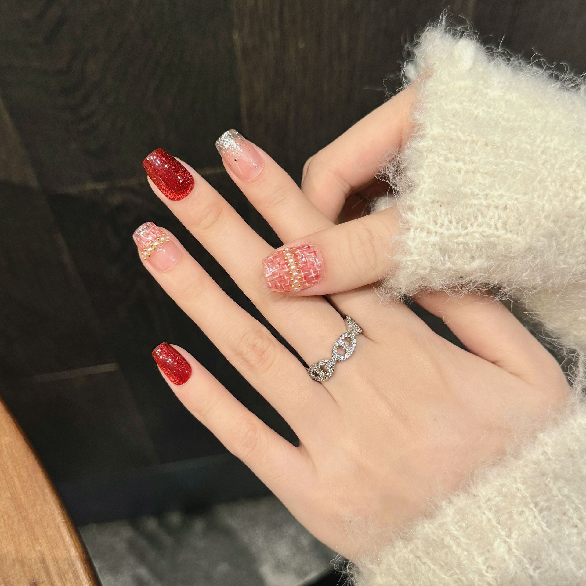 365nails: "트위드 루즈" – 3D 트위드 텍스처 & 캣아이 수제 스퀘어형 프레스온 네일