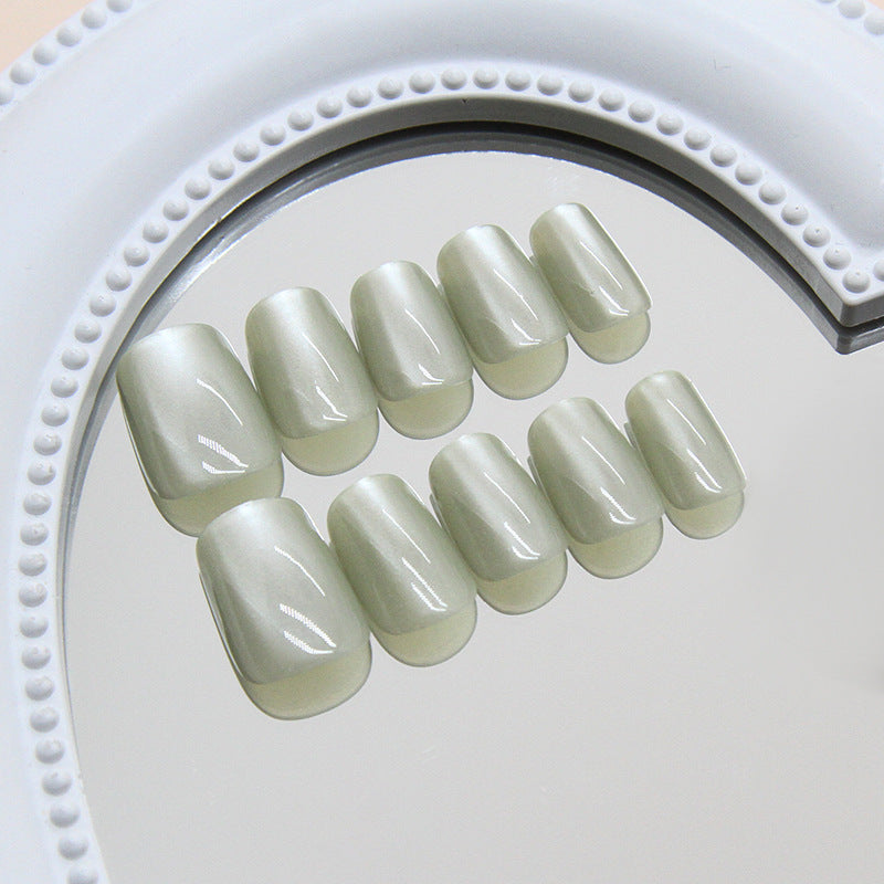 Puntas de uñas prefabricadas, simples, limpias, ojo de gato verde, temperamento de color sólido, chica de moda, uñas blancas a presión 30 piezas｜365nails