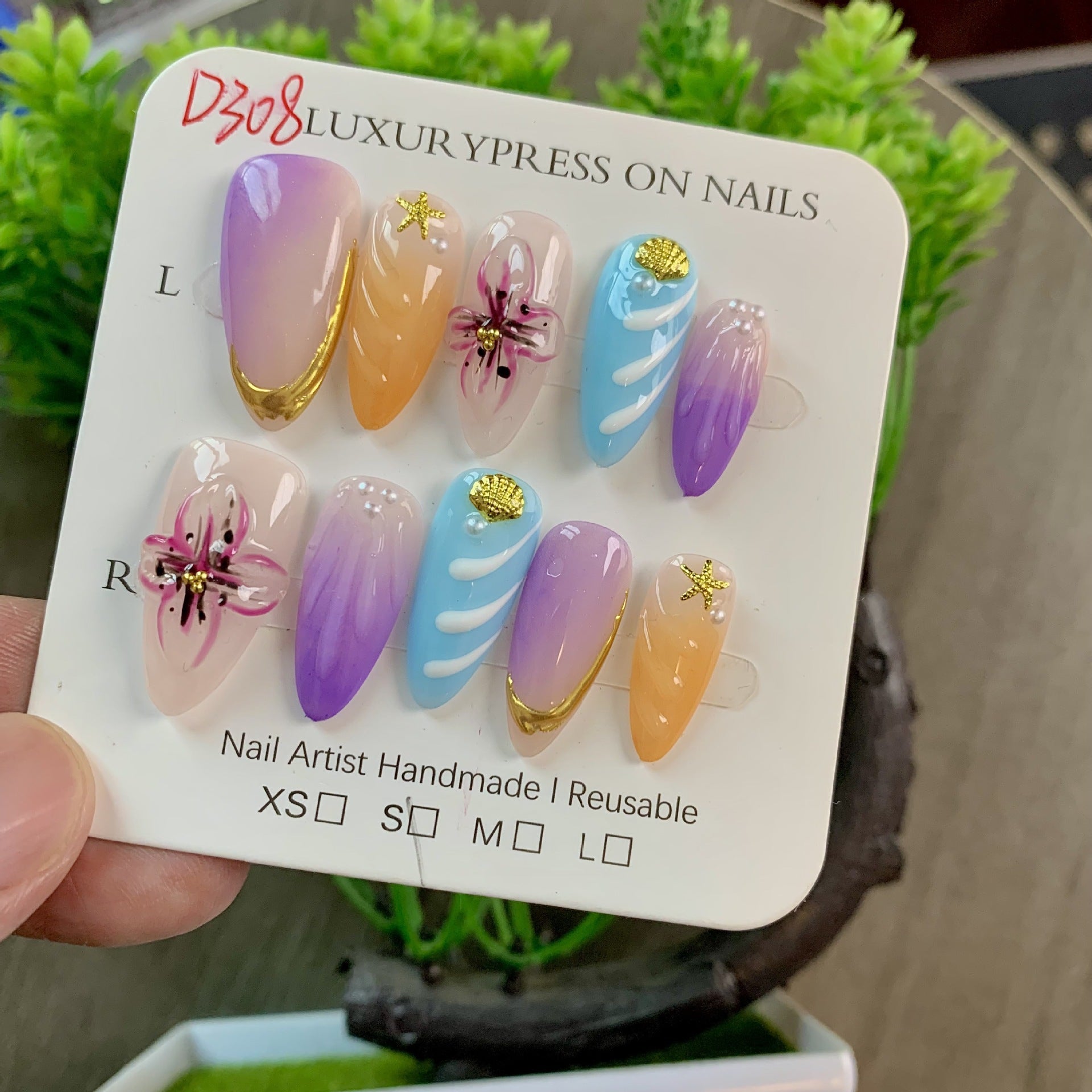 365nails-Sunset Bloom: "Gradiente Floral" – Unhas Postiças Artesanais Amêndoa Média