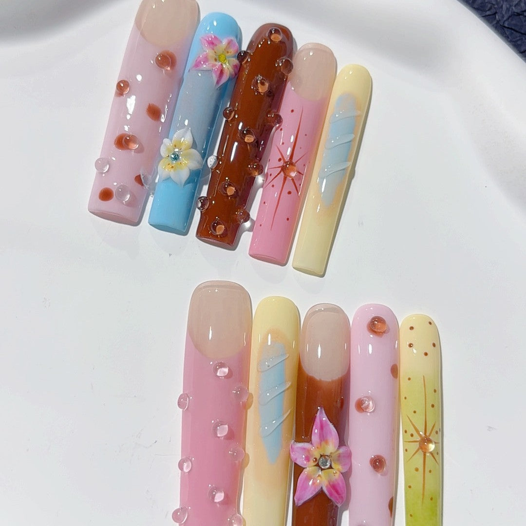 甜琥珀花卉漸層水晶藝術穿戴甲套組