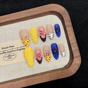Color Mix Press‑On Nail Set with 3D Flower Design