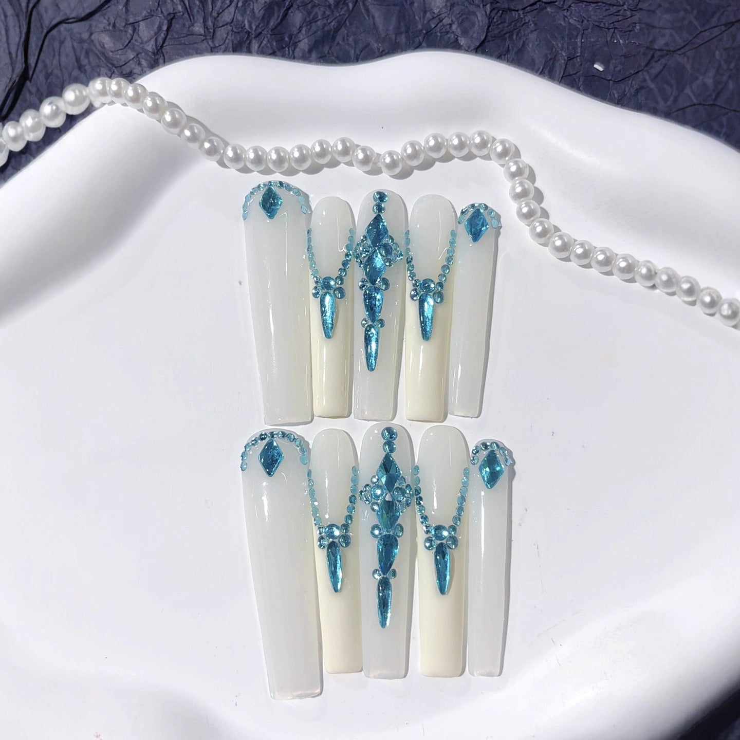 Icy Blue Crystal Drip Elegant Press On Nails