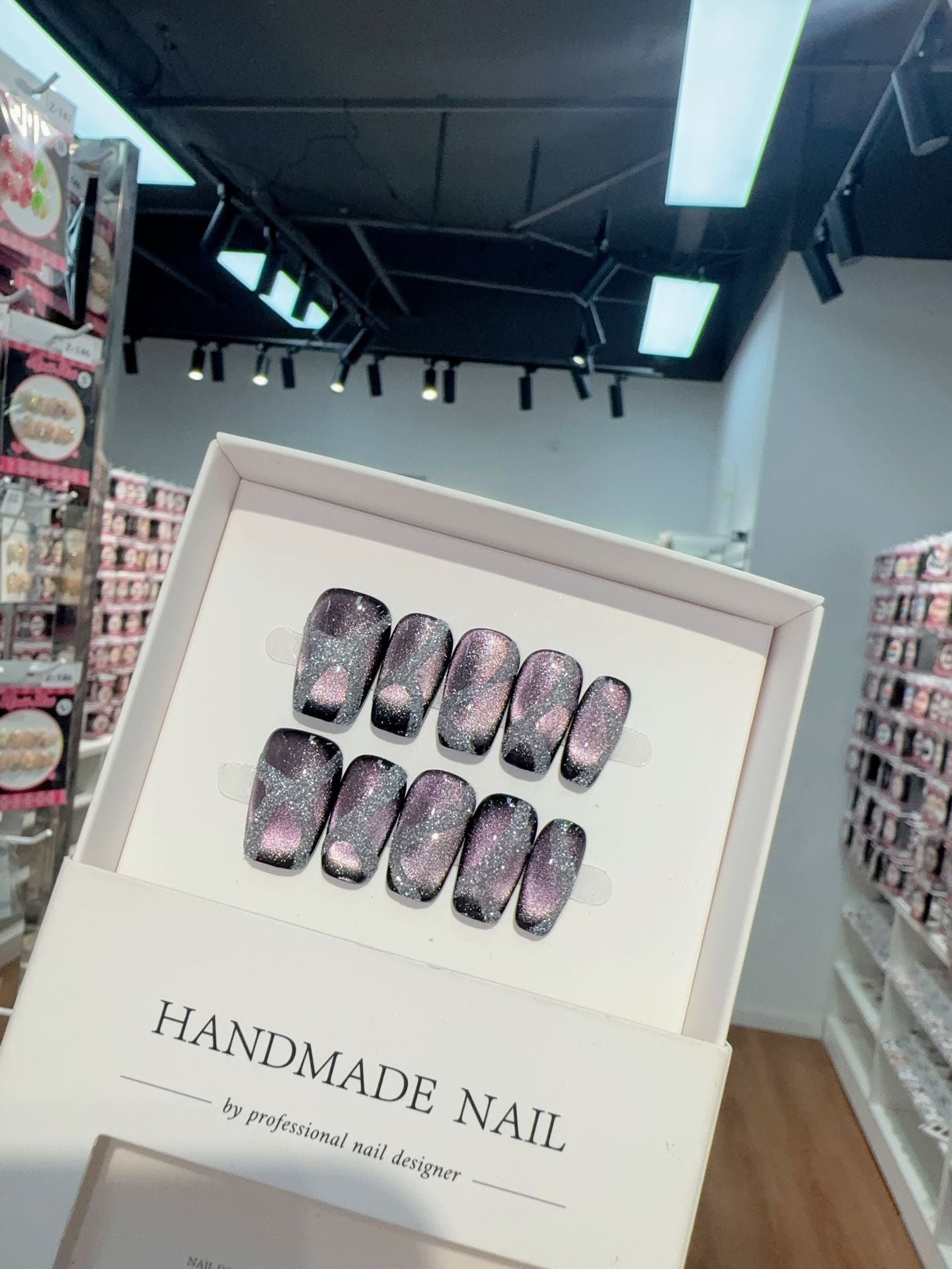 365nails: "Nebula Veil" – Hand-Painted Cat Eye & Glitter Handmade Square Nails