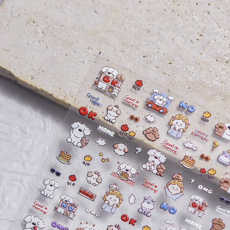 Miiichan Cartoon Girl & Puppy: "Cozy Puppy Playdate" – 5D Embossed Nail Sticker