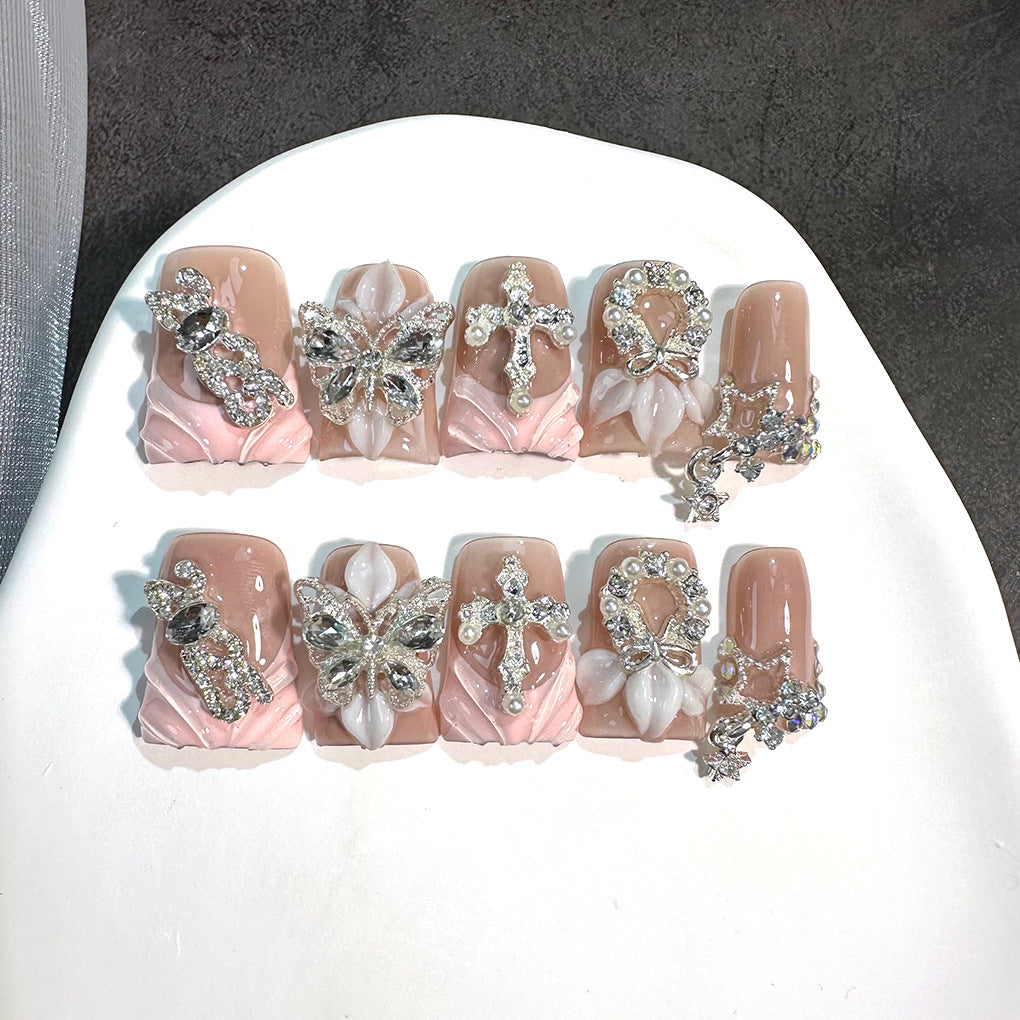 Blush Nude Butterfly Crystal Press On Nails