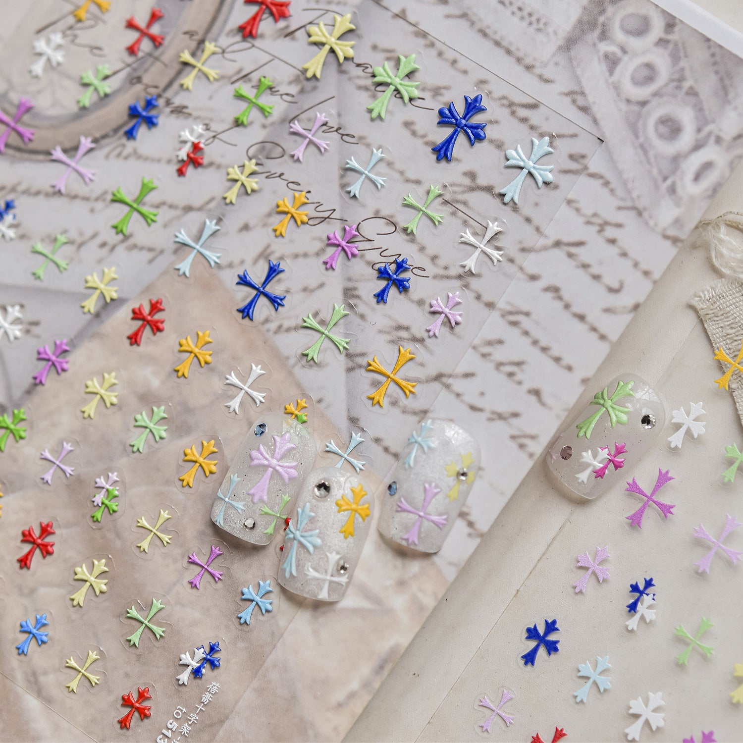 Colorful Mini Cross: "Rainbow Cross Charm" – 5D Embossed Nail Sticker