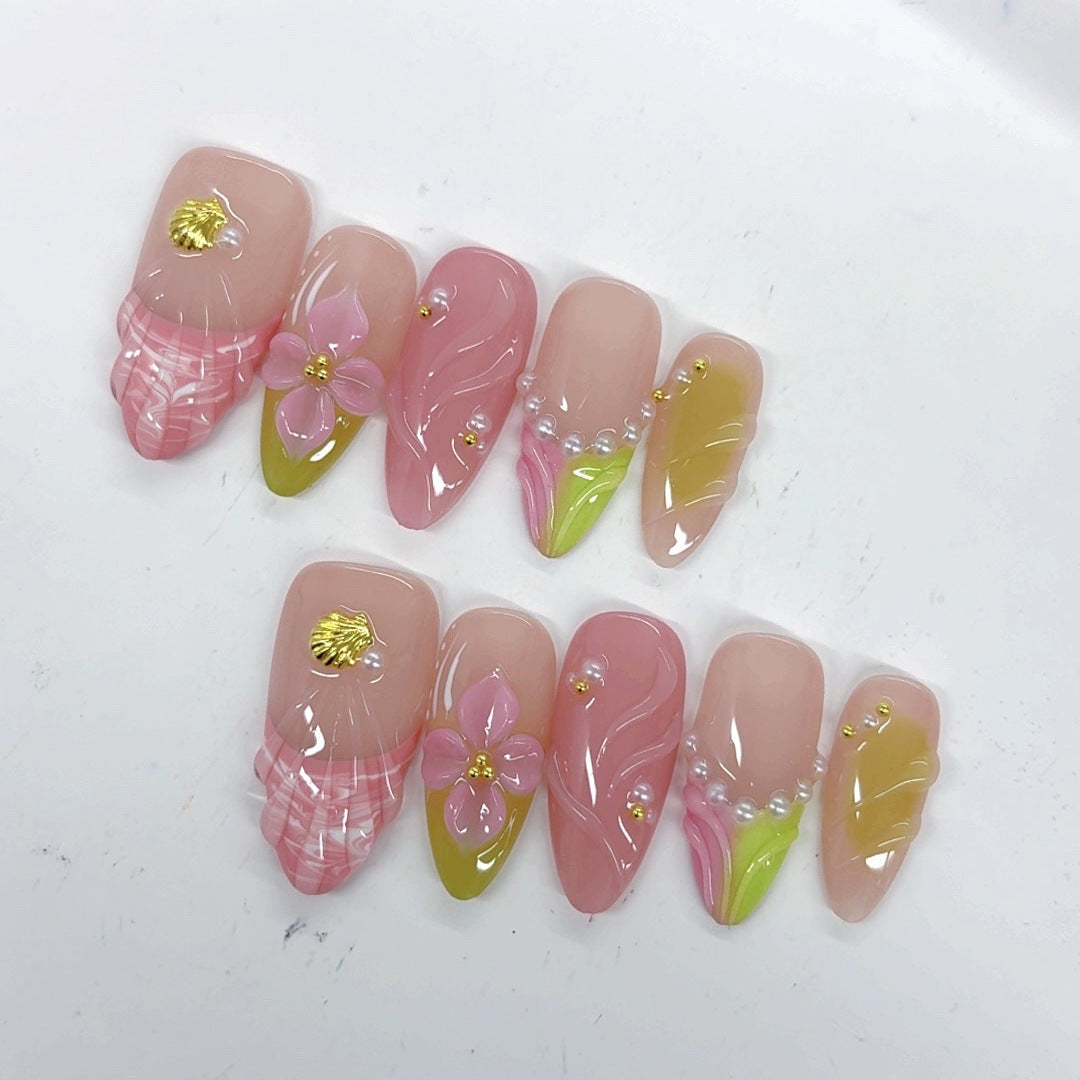 Mermaid Shell Floral: "Pink & Pearl" – Almond Press-On Nails
