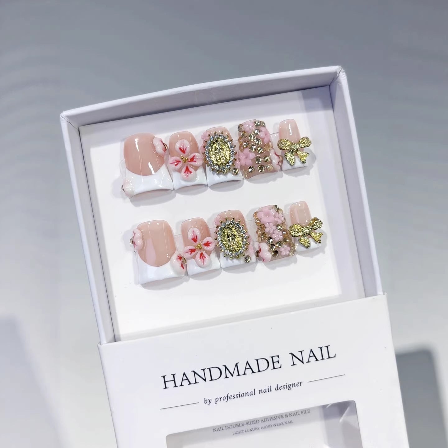 Vintage Luxury: "Blossom Regal" – Short Square Nude & Pink Floral Handmade Press-On