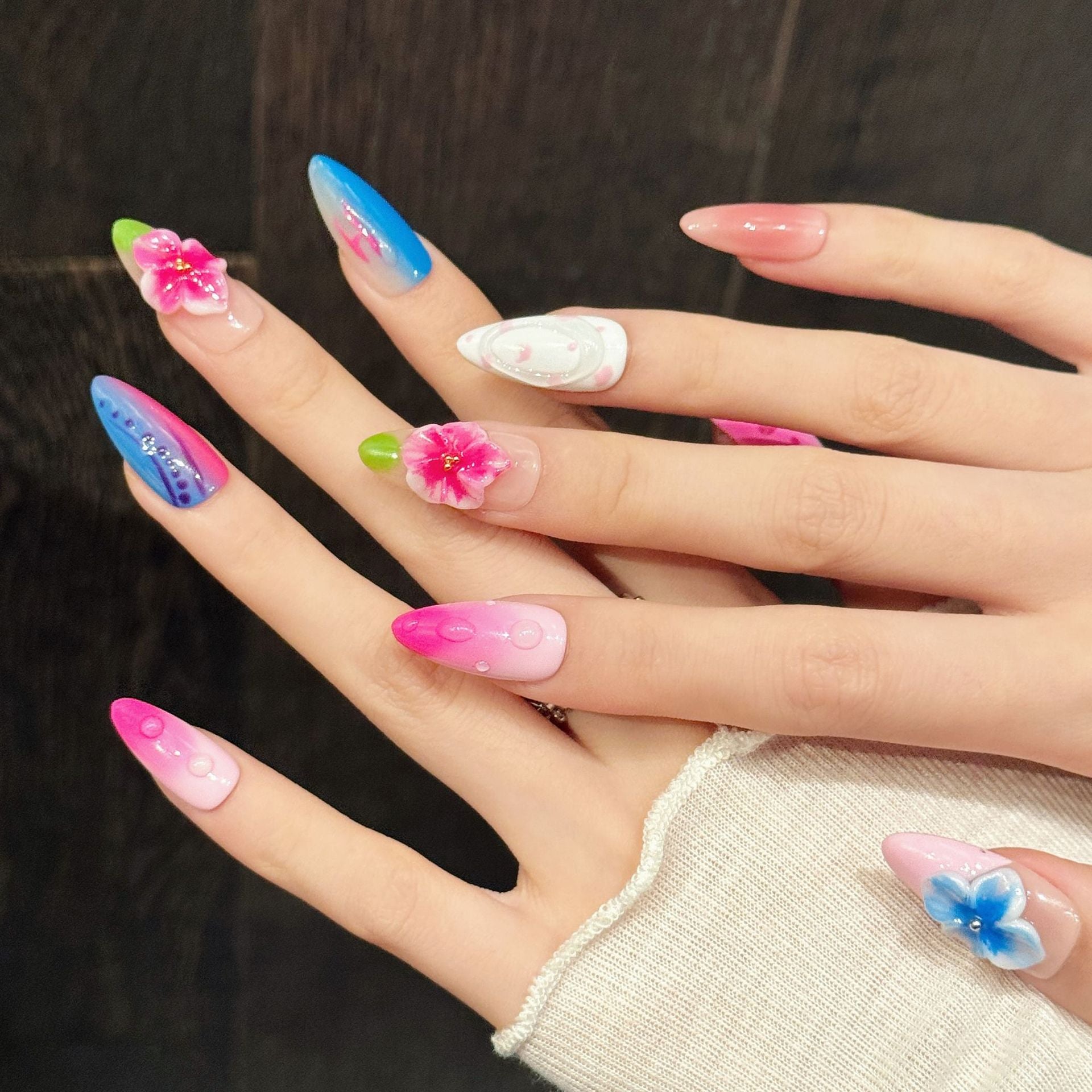 Pink Blue Floral Bright Summer Nails