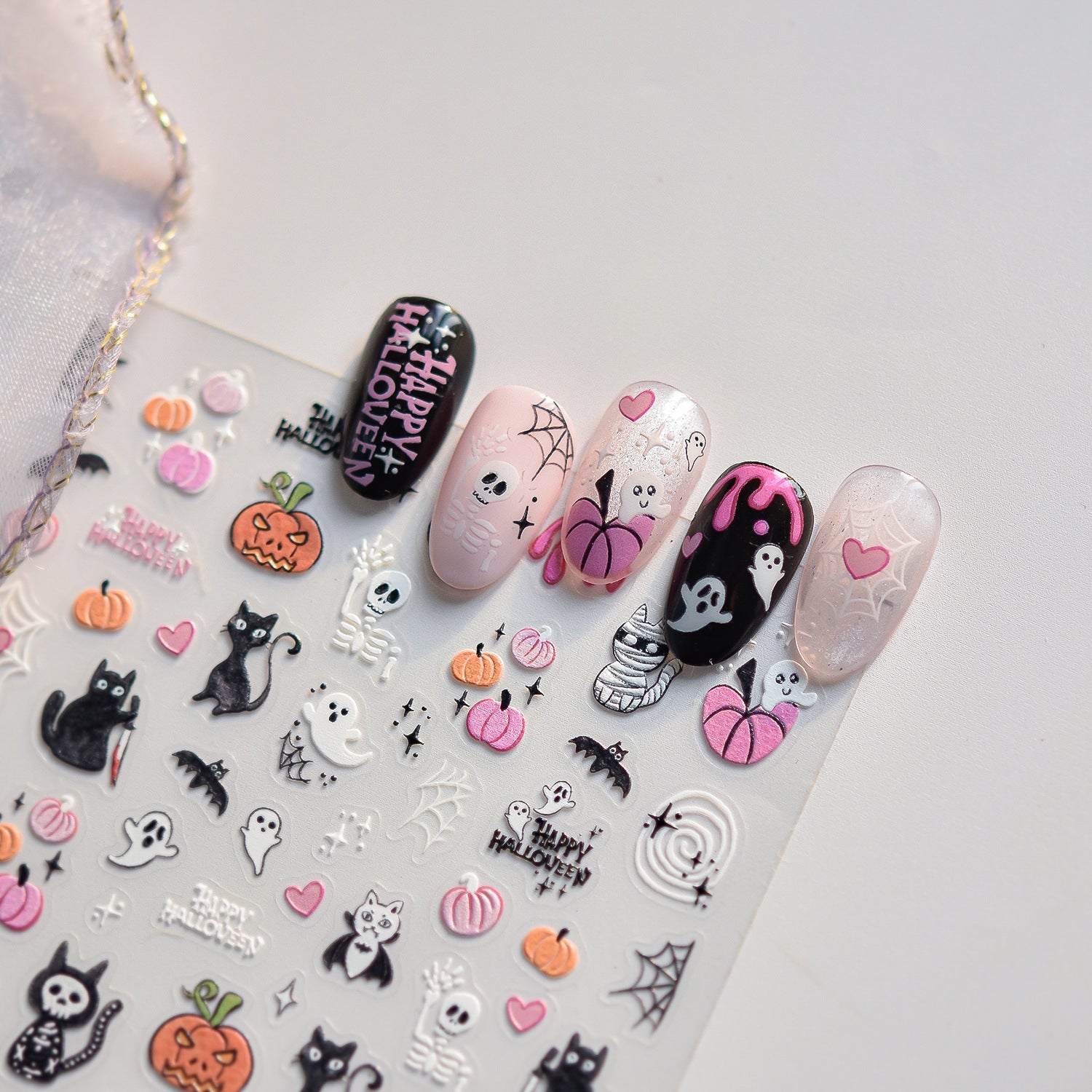 Spooky Halloween: "Pink Cat Halloween" – 3D Embossed Nail Sticker