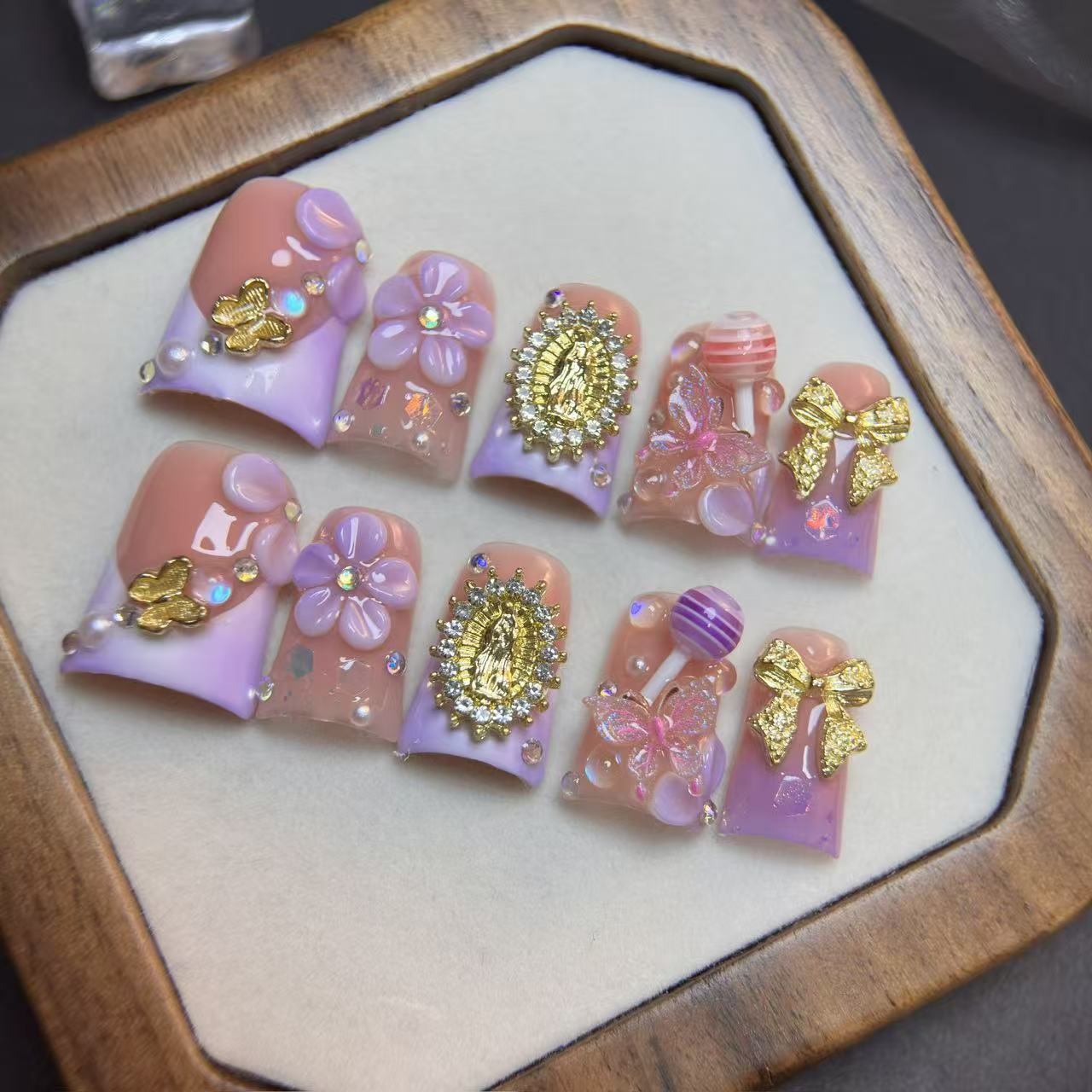 紫色仙女蝴蝶結水晶穿戴甲套組