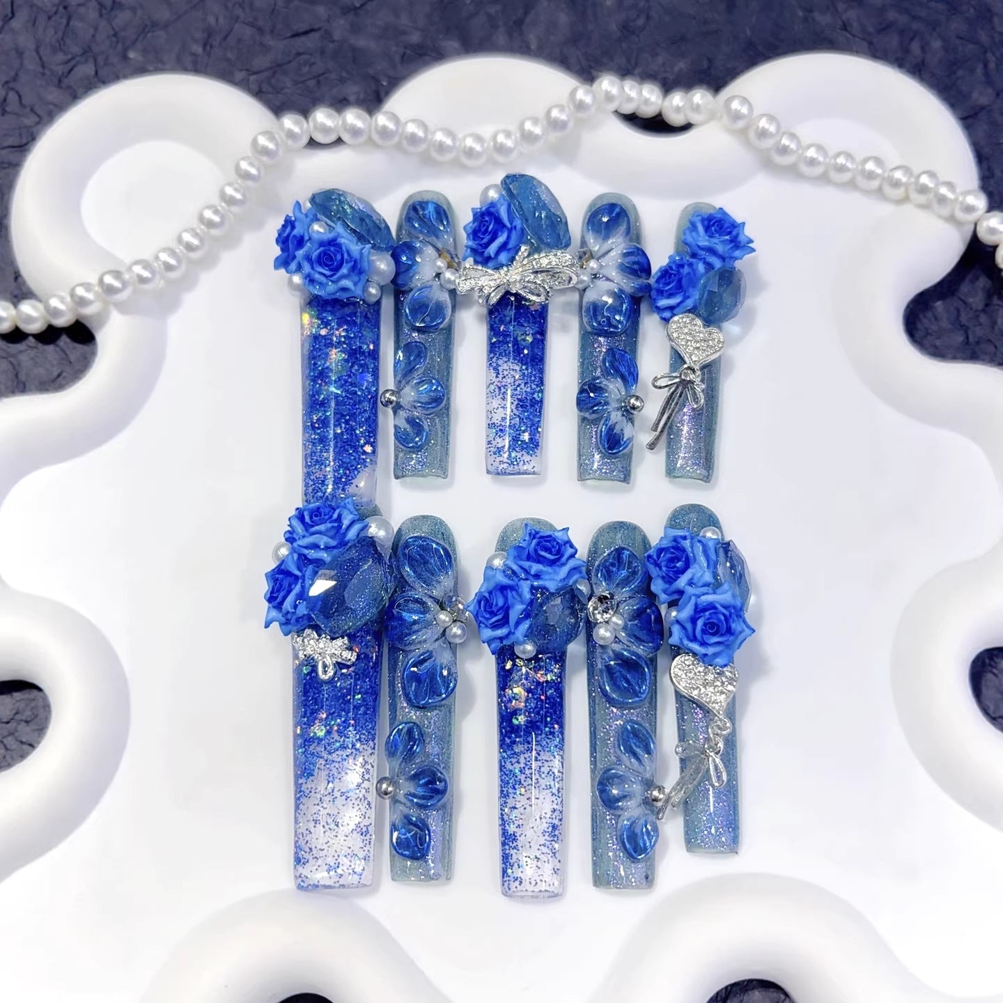 海洋藍立體玫瑰水晶夢幻穿戴甲