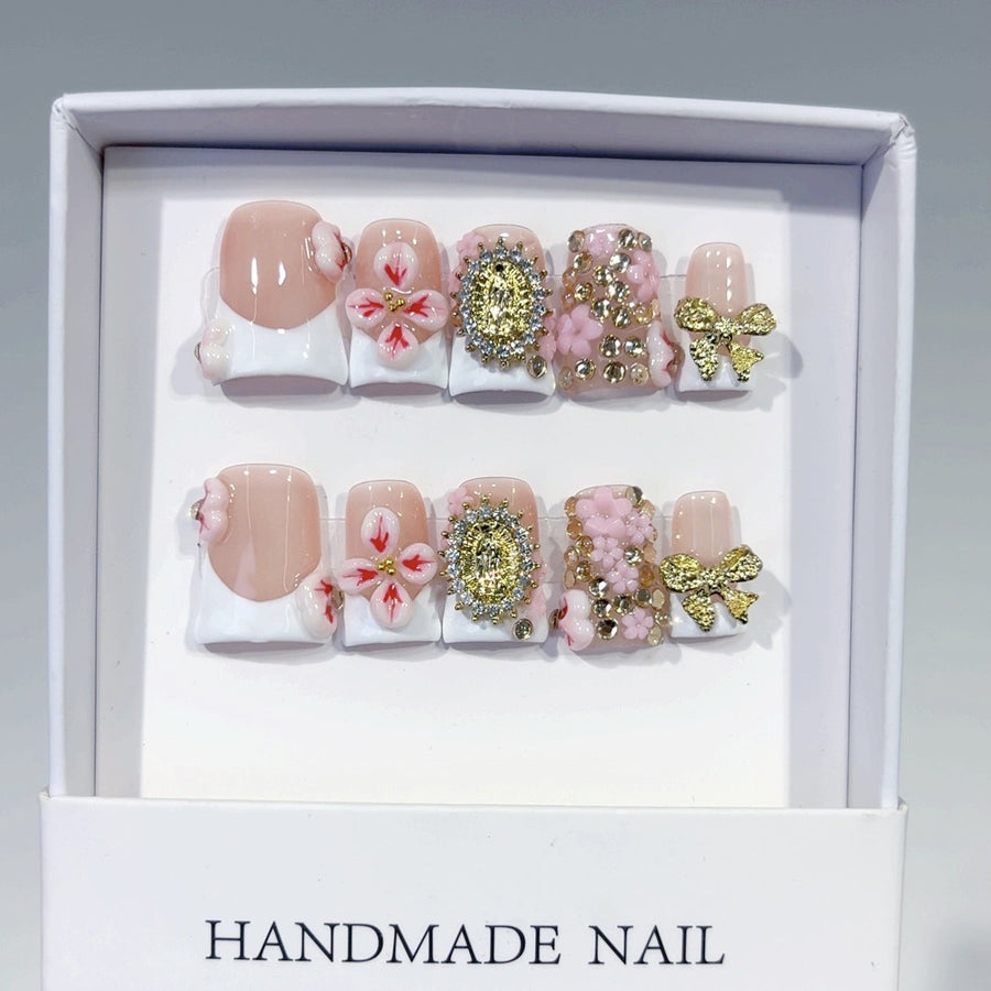 Vintage Luxury: "Blossom Regal" – Short Square Nude & Pink Floral Handmade Press-On