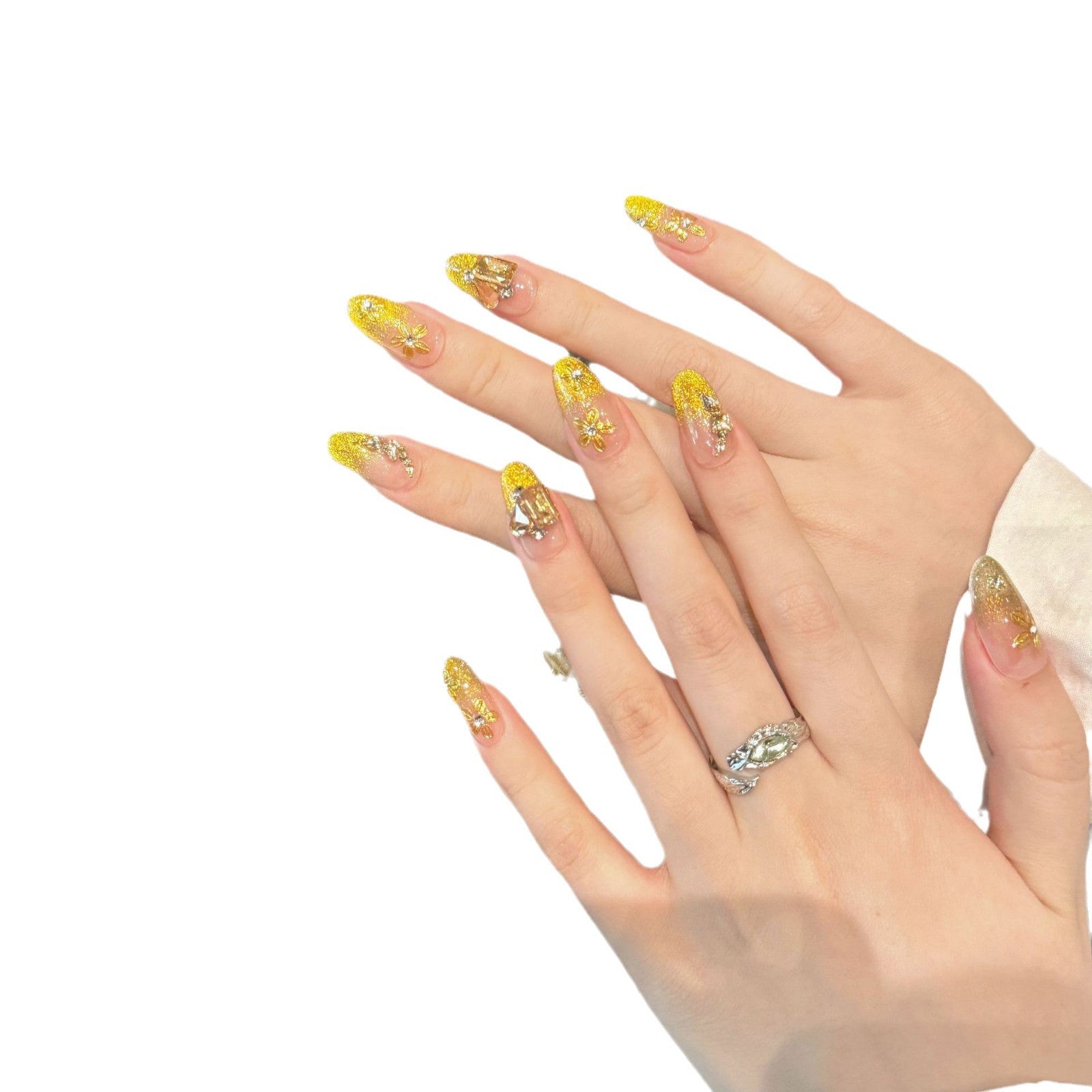 365nails: "Golden Elegance" – 3D 플로럴 캣아이 수제 아몬드형 네일