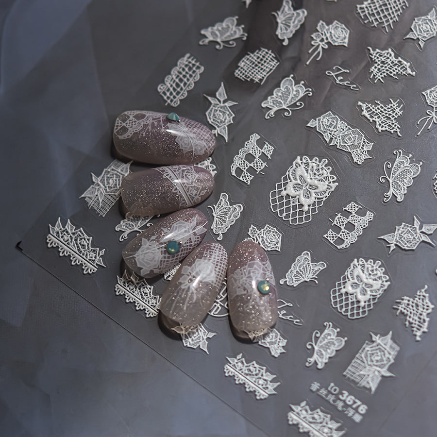 White Lace Rose – Elegant Embossed Nail Art Set